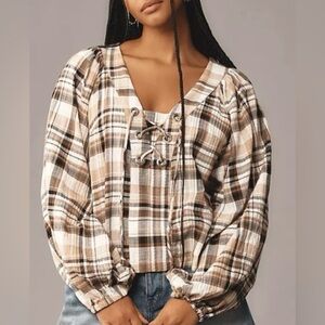Anthropologie Plaid Lace-Up Blouse - Brown and Cream Dolman Sleeves.